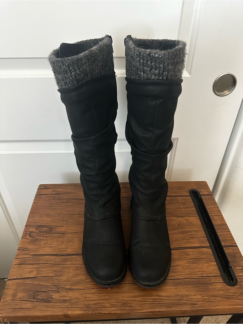 Muk Luks Black Over-the-Knee Boots with Gray Knit Wide Cuff
